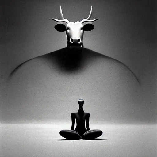 Image similar to 3D matte illustration of a cow sitting in lotus position by Zdzisław Beksiński