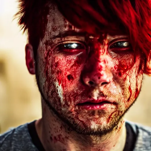 Image similar to Portrait of a crying man with tears of blood with red hair, 50 mm, hyper-realistic, 8K HDR.