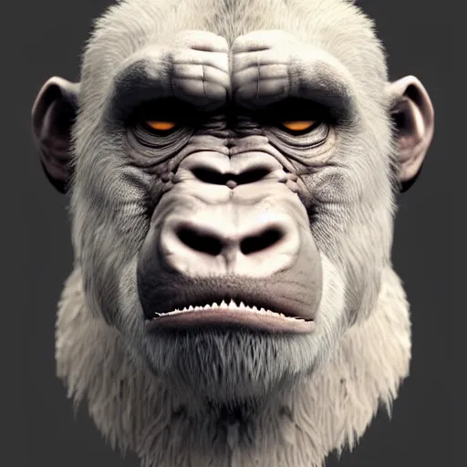 Image similar to angry old tough rough looking albino gorilla. scars, scary, gruffness, interesting 3 d character concept by square enix, in the style of league of legends, hyper detailed, character modeling, cinematic, final fantasy, video game character concept, ray tracing, fur details, maya, c 4 d