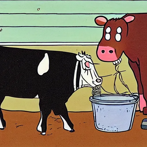 Image similar to a cow points at a bucket, illustrated by gary larson