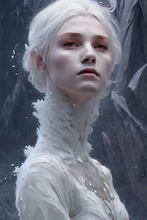 Image similar to portrait of dead from mayhem, matte white color mirror armor, in ruined fjords of norway, sci-fi and fantasy, intricate and very very beautiful and elegant, highly detailed, Frostbite Engine, digital painting, artstation, concept art, smooth and sharp focus, illustration, art by tian zi and WLOP and alphonse mucha