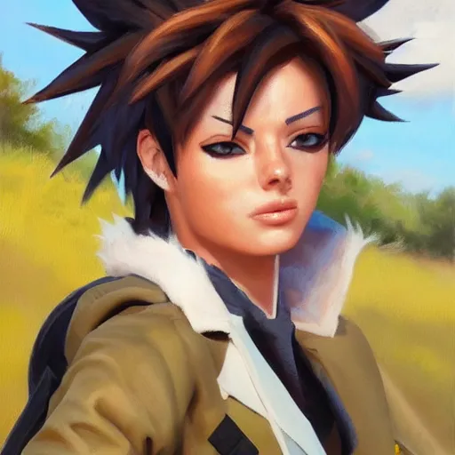 Image similar to oil painting of tracer overwatch in a field wearing spiked collar uniform, in style of steve henderson, expressive face, detailed face, detailed eyes, full body, feminine face, tracer overwatch,