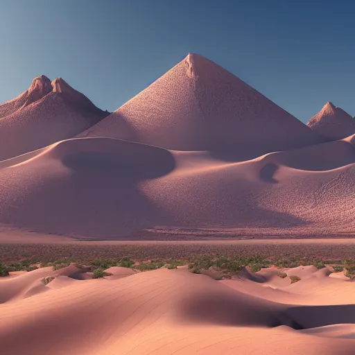 Image similar to large desert landscape with a big snowy mountain in the distance, daylight, hyperdetailed, sharp, artstation, 3 d render, ray tracing