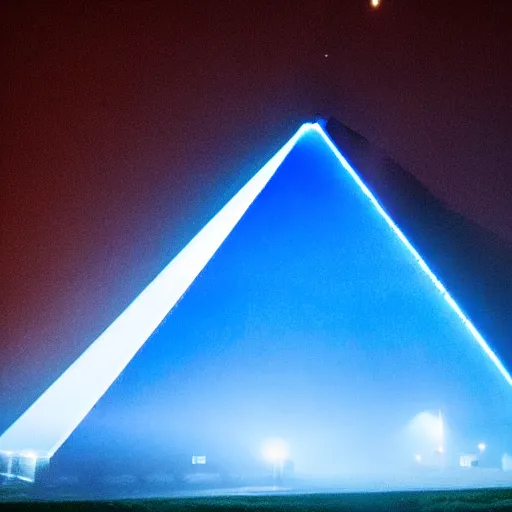 Image similar to big pyramid with blue glow lights and fog in background, cinematic looking, drama, scary
