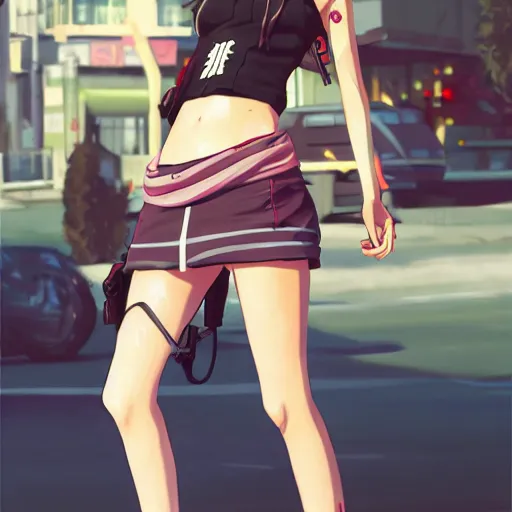 Prompt: Anime girl in GTA V, cover art by Stephen Bliss, artstation, sharp focus