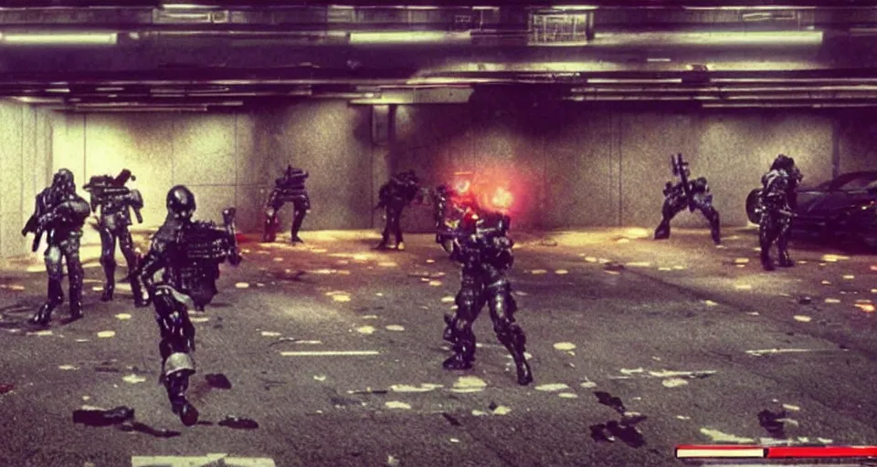 Prompt: 1988 Video Game Screenshot of Neo-tokyo Cyborg bank robbers vs police, Set inside of Parking Garage, Dark, Multiplayer set-piece Ambush, Tactical Squads :10, Police officers under heavy fire, Suppressive fire, Pinned down, Destructible Environments, Gunshots, Headshot, Bullet Holes and Anime Blood Splatter, :10 Gas Grenades, Riot Shields, MP5, AK45, MP7, P90, Chaos, Anime Machine Gun Fire, Gunplay, Shootout, :14 FLCL + Jet Grind Radio, Cel-Shaded:17, Created by Katsuhiro Otomo + Studio Gainax + Trending on Artstation: 20