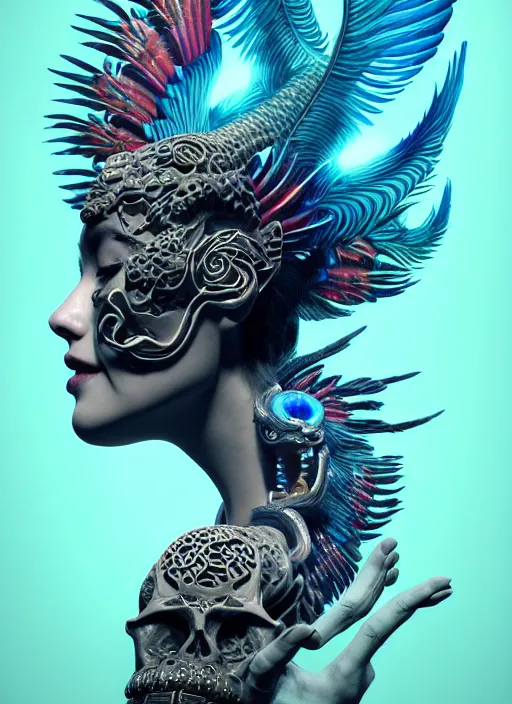 Image similar to 3 d goddess with tattoos profile portrait, sigma 5 0 0 mm f / 5. beautiful intricate highly detailed quetzalcoatl skull and feathers. bioluminescent, plasma, lava, ice, water, wind, creature, thunderstorm! artwork by tooth wu and wlop and beeple and greg rutkowski, 8 k trending on artstation,