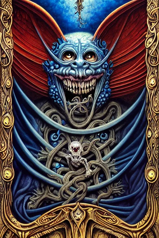 Image similar to A beautiful detailed grotesque monster super cute tarot card, by tomasz alen kopera and Justin Gerard, symmetrical features, ominous, magical realism, texture, intricate, ornate, royally decorated, mechanic, skeleton, whirling smoke, embers, blue red and dark silk fine lines adornements, blue torn fabric, radiant colors, fantasy, trending on artstation, volumetric lighting, micro details, 3d sculpture, ray tracing, 8k, anaglyph effect, digital art