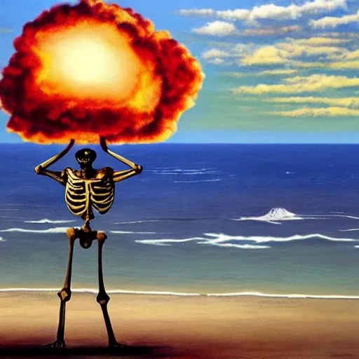 Image similar to a skeleton walking on a beach next to the ocean with nuclear bomb explosion in the background, a naturalism painting by Storm Thorgerson, featured on cg society, matte painting, realistic, chillwave, anatomically correct, light colors, photo-realistic mushroom-cloud in the background