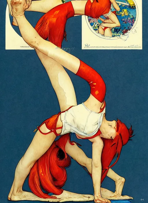 Prompt: an art nouveau copic maker illustration of asuka langley doing yoga by norman rockwell and john berkey