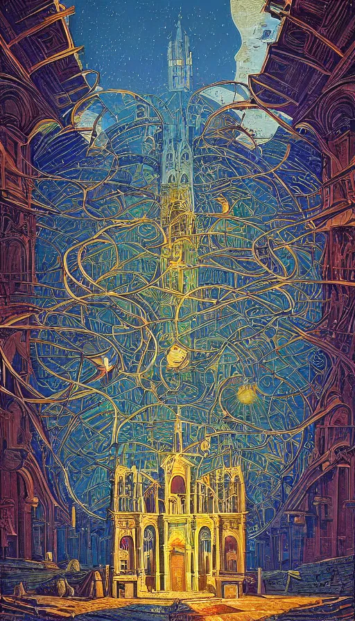 Prompt: The cathedral of ancient prophecies and wisdom, italian futurism, Dan Mumford, da vinci