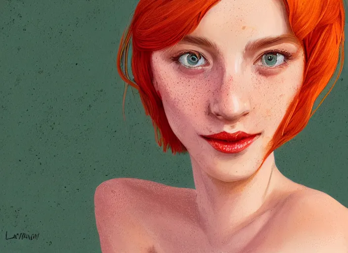 Image similar to portrait of a beautiful smiling girl with orange hair and freckles, green eyes, elegant. highly detailed, digital painting, artstation, concept art, smooth, sharp, focus, illustration. background is purple, art by Lera Kiryakova