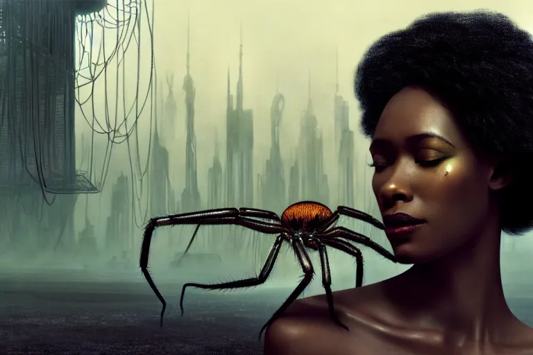 Image similar to realistic detailed photorealistic portrait movie shot of a beautiful black woman with a giant spider, dystopian city landscape background by denis villeneuve, amano, yves tanguy, alphonse mucha, ernst haeckel, david lynch, edward robert hughes, roger dean, cyber necklace, rich moody colours, cyber patterns, wide angle