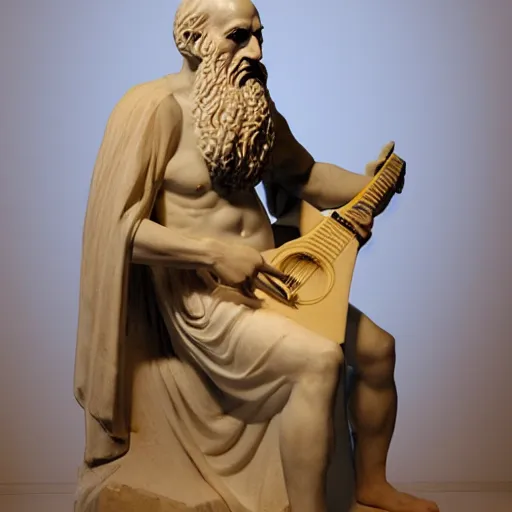 Image similar to epic greek marble statue of a bald man with a long beard playing a guitar, photo, chiaroscuro