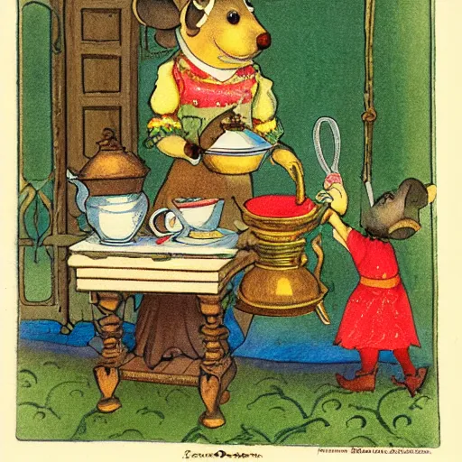 Image similar to russian mouse drinks tea from samovar with her little children, children book illustration