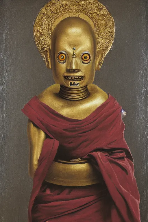 Image similar to realistic baroque oil portrait of a robot as a buddhist monk