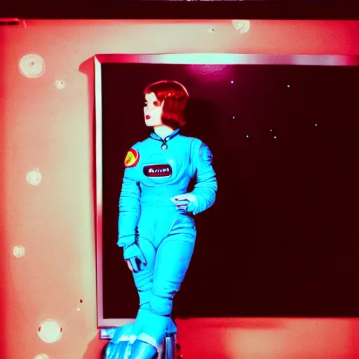 Prompt: analog portrait of a beautiful 60s woman in a space suit, stars and planets visible, warm azure tones, red color bleed, film grain