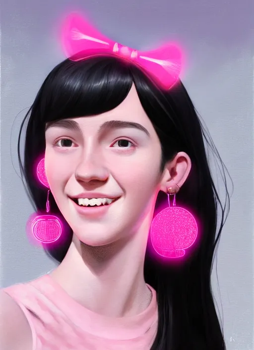 Image similar to portrait of high school girl, realistic, black hair, bangs, half updo hairstyle, pointy nose, skinny, smile, ugly, defined jawline, big chin, pink hair bow, earrings, intricate, elegant, glowing lights, highly detailed, digital painting, artstation, sharp focus, illustration, art by wlop, mars ravelo and greg rutkowski