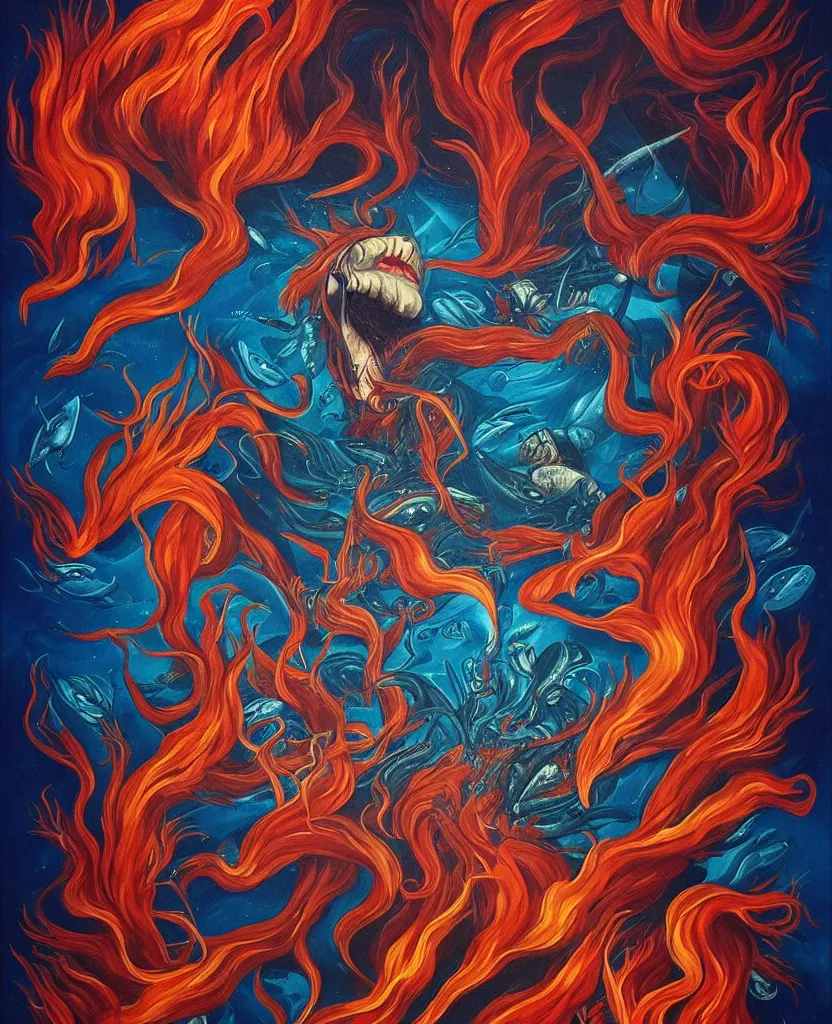 Image similar to wild emotional creatures repressed in the deep sea of unconscious of the psyche, about to rip through and escape in a fiery revolution, painted by ronny khalil