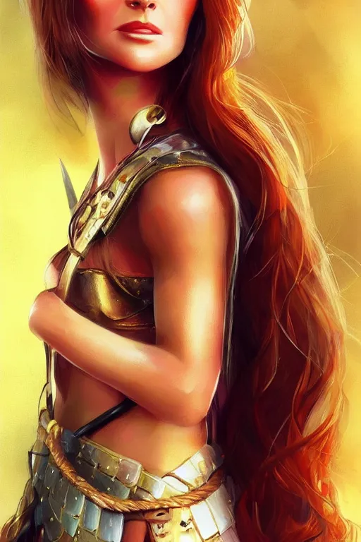 Image similar to mix of beautiful young maria shriver, mariel hemmingway, brooke shields, nicole kidman and elle macpherson as a young amazon warrior, thin lips, hair tied up in a pony tail, dark blonde hair, colorful, artstation, cgsociety