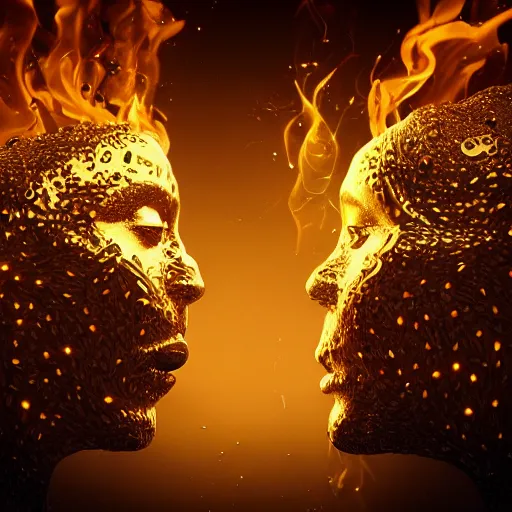 Prompt: two human souls together, stuck, glue dripping souls, extremely detailed, insanely detailed and intricate, high detail, golden fire with smoke background, depth field, unreal engine, 4 k concept art and hyper realism