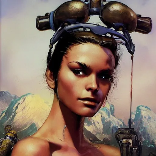 Image similar to A mixed media portrait painting of a very beautiful dwarf warrior girl, sweat, aesthetic symmetrical face and eyes, photorealistic, model, wet, starship-troopers, pacific-rim-mech in background, eighties pinup style, by Frank Frazetta, Boris Vallejo, Beeple, Greg Rutkowski, Christian MacNevin, epic fantasy character art, high fantasy, CGsociety, exquisite detail, post-processing, masterpiece, cinematic