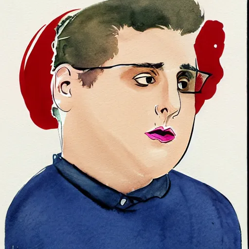 Image similar to jonah hill, stylized. Watercolor and ink. 1950s.