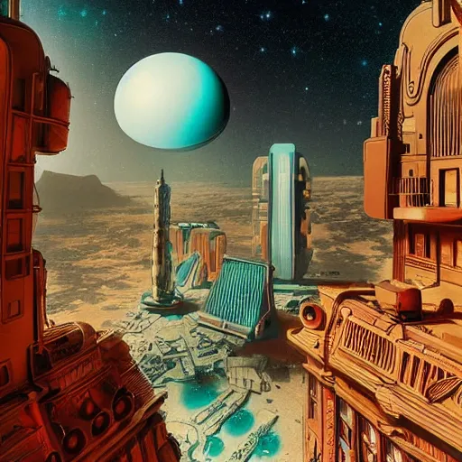 Image similar to astronaughts exploring a city on mars, retro, 1 9 2 0's sci - fi, deep aesthetic colors, 8 k, highly ornate intricate details, extreme detail,