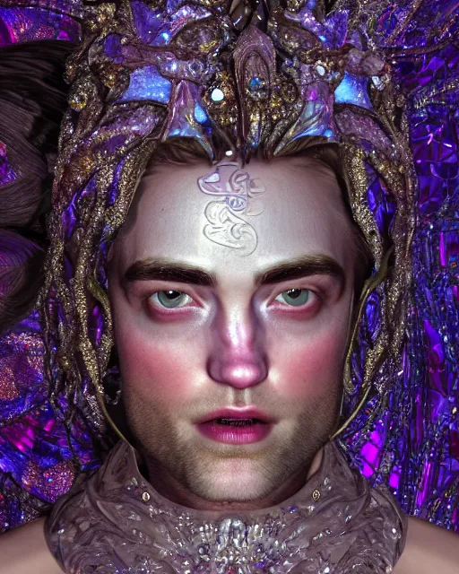 Image similar to a highly detailed metahuman 8 k close up render of robert pattinson renaissance in iris van herpen dress schiaparelli in diamonds crystals swarovski and jewelry iridescent in style of alphonse mucha gustav klimt trending on artstation made in unreal engine 4