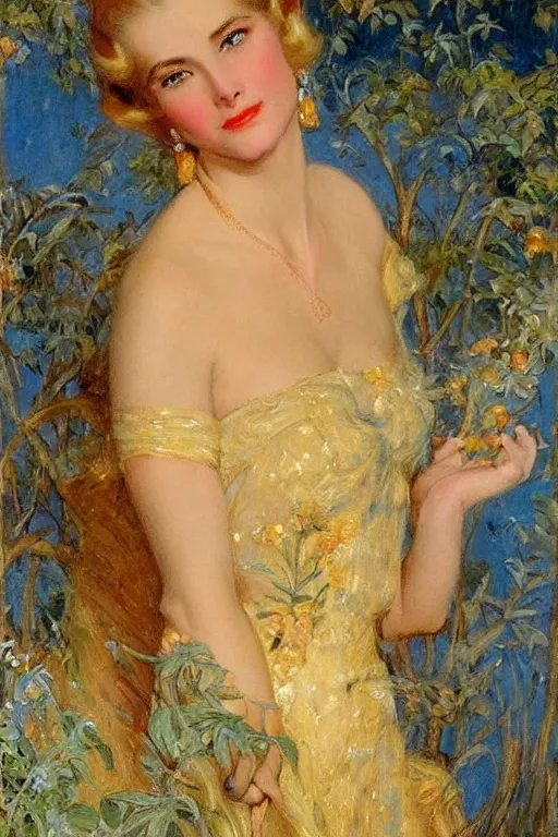 Image similar to Grace Kelly explaining the birds and the bees in the style of Gaston Bussière, art nouveau, art deco