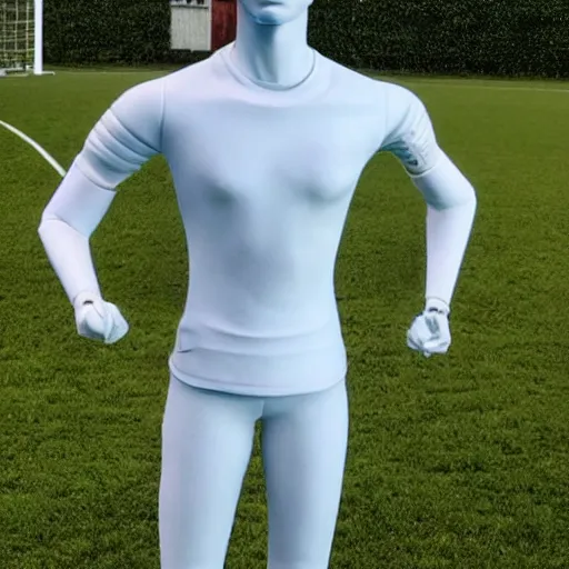 Image similar to a realistic detailed photo of a guy who is an attractive humanoid who is half robot and half humanoid, who is a male android, soccer player mason mount, shiny skin, posing like a statue, blank stare, by the pool, on display