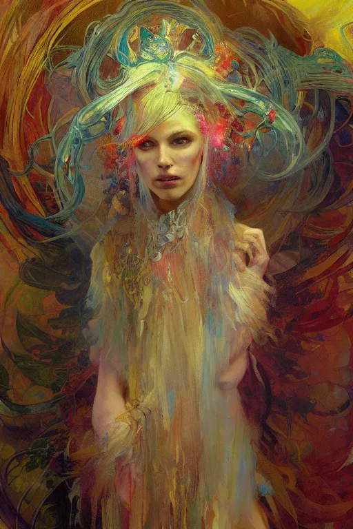 Prompt: a beautifull intricate painting of a disembodied soul wearing a feathered cloak surrounded by tendrils, vivid colors, artstation, by jeremy mann, by alphonse mucha,