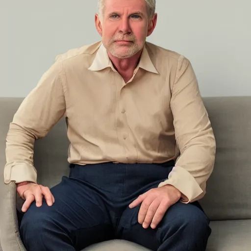 Image similar to full body artistic photo of steve, mature male, wise face. he is a doctor. he is sitting gracefully on a sofa, elegant tight beige shirt. he has enormous belly