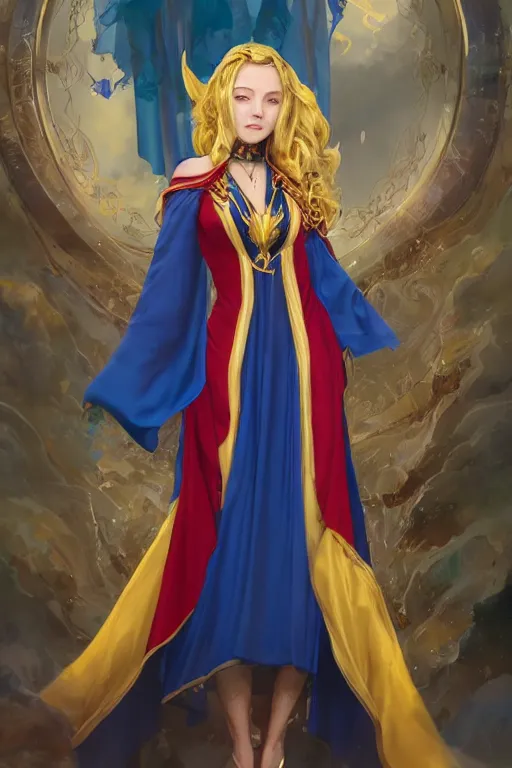 Prompt: Full portrait of Elementalist, female, gorgeous, beautiful face, Red and blue garments, yellow robes, brass bracelets, transparent cloak from neck to ankles, pin-up, multi element background, highly detailed, smooth, sharp focus, digital painting, illustration, by by Albert Aublet, Krenz Cushart, WLOP and Sakimichan, artstation