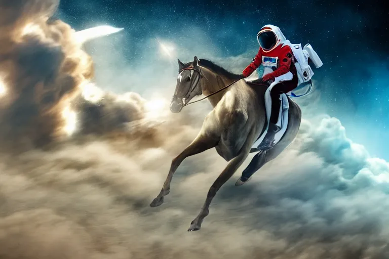 Prompt: an astronaut riding the fastest horse in a race, cinematic imax shot, retro, hyper detailed, windy mane, motion still