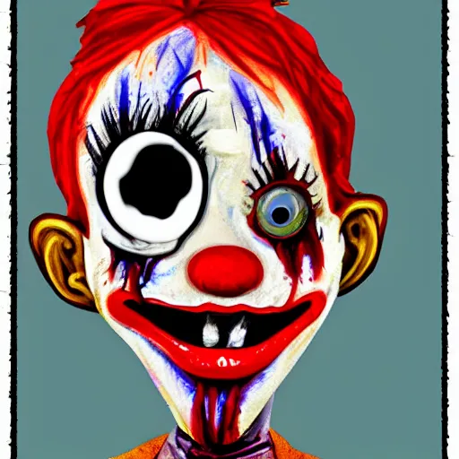 Image similar to distorted clown with bloody eyeballs, scary stories to tell at night