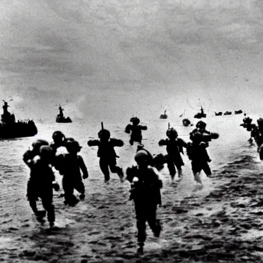 Image similar to the running soldiers in the sea in the d - day, by robert capa,