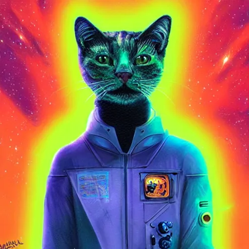 Prompt: a neon astronaut cat flying through the cosmos, marc simonetti, lisa frank