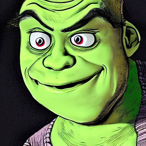 Image similar to shrek in style of junji ito