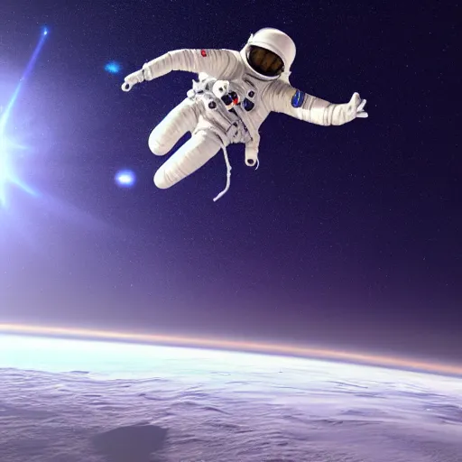 Image similar to 3 d render of an astronaut flying with nothing but space and stars around him,