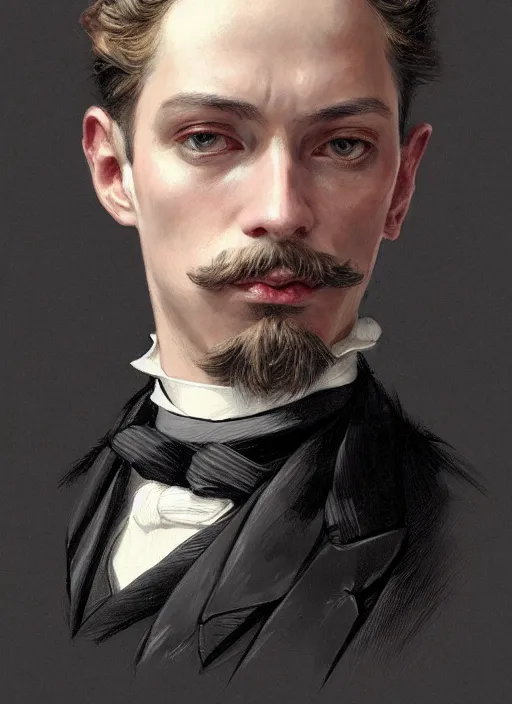 Image similar to 3 / 4 view of a portrait of man in victorian clothing, confident pose, intricate, elegant, sharp focus, illustration, highly detailed, concept art, matte, trending on artstation, anime, art by james jean and artgerm and brian despain and alberto mielgo, greg rutkowski, wlop, ilya kuvshinov, strong strokes