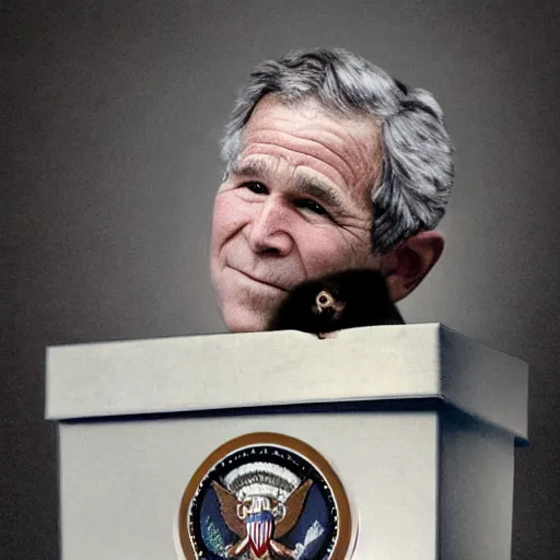 Prompt: george w. bush in a box ring against a monkey, award winning picture, high resolution n 9