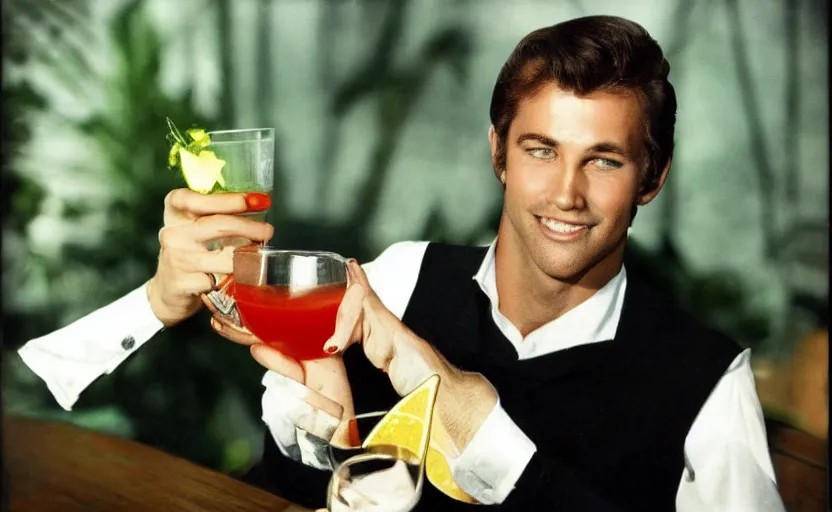 Prompt: color photo of a photomodel handsome man holding a cocktail. 8 0's style