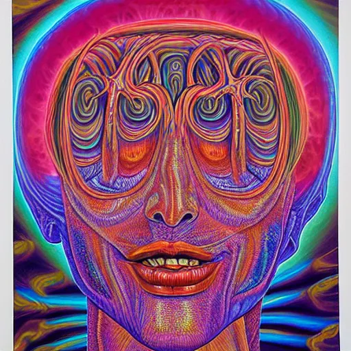 Prompt: Painting of human consciousness spilling from a vessel that is made of a holographic universal mind. By Alex Grey, Terence McKenna, and Adam Jones, Psychedelic . Part by Cameron Grey. masterpeice