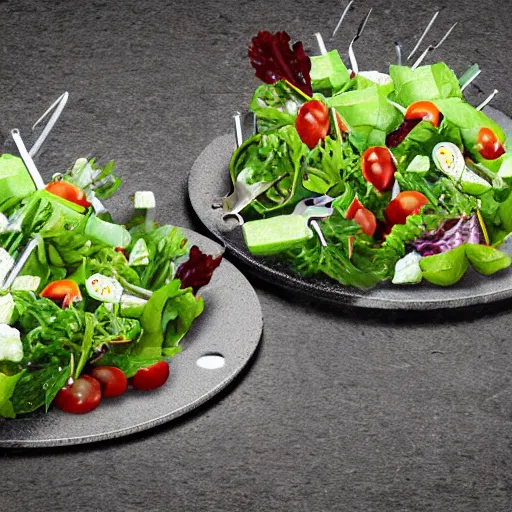 Prompt: photorealistic salad made of screws and spanners