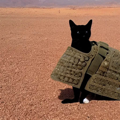 Image similar to a cat wearing modern body armor in a desert