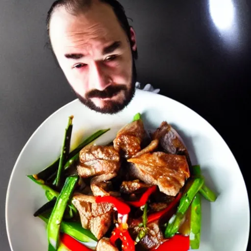 Image similar to anonymous with face on stirfry pork, cinematic dramatic composition