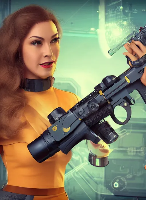 Prompt: a vintage Raypunk depiction of a woman holding a raygun blaster, octane render, action shot, motion blur, subsurface scattering, life like, intricate detail, 4K HD