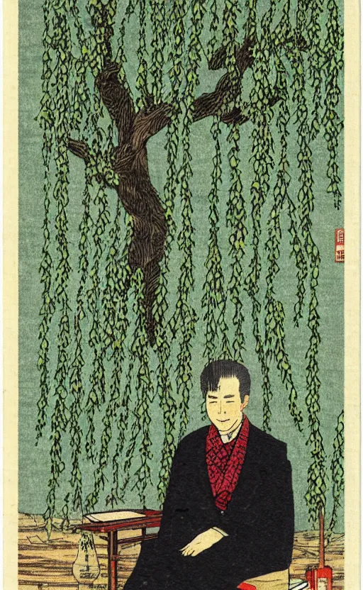 Image similar to by akio watanabe, manga art, a male writer sitting on chair with short hair, willow tree and hill, trading card front, kimono, realistic anatomy, sun in the background