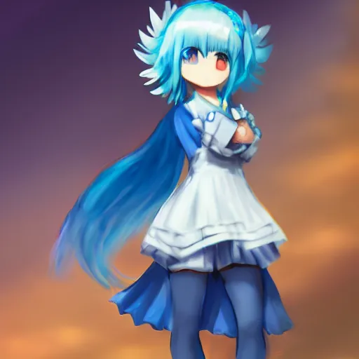 Image similar to cirno touhou, short blue hair, cute, trending on artstation